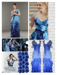 the dress is blue and has ruffles on it, as well as roses