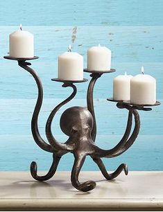 Denizen of the Deep Pillar Candle Centerpiece - Nautical Luxuries Octopus Candle Holder, Pillar Candle Centerpieces, Animal Candle, Octopus Gift, Candle Candelabra, Wrought Iron Candle Holders, Iron Candle Holders, Wrought Iron Candle, Candle Cups