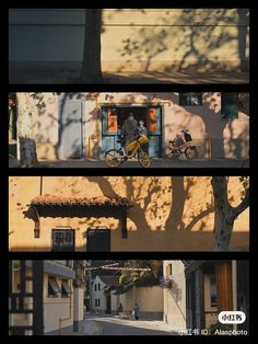 three different shots of a person riding a bike down the street in front of a building