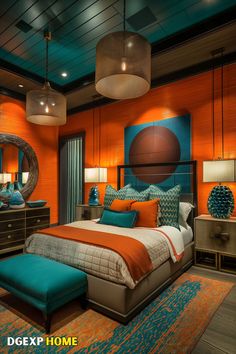 Vibrant Boho bedroom with bold orange and teal accents, eclectic decor, and cozy textiles. Teal And Rust Living Room Decor, Rust Living Room Decor, Bedroom Ideas Moody, Bedroom Moody, Interiors Bedroom