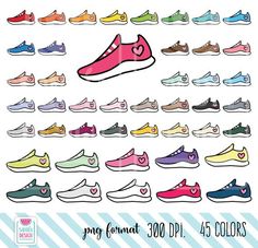 an image of various shoes with different colors and sizes on them, including pink, blue,