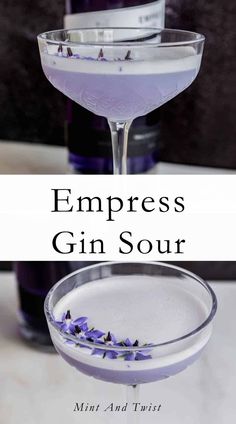 an empty martini glass with lavender sprigs in it and the words, empress gin sour