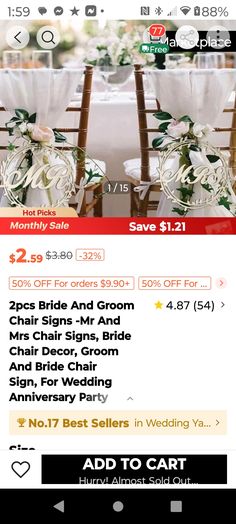 the wedding website is open for all to see, and it has two chairs with flowers on them