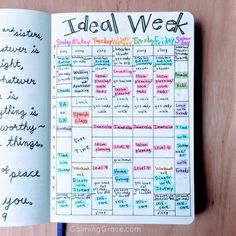 an open planner with the words ideal week written on it in cursive writing Planner Schedule Ideas, How To Organize Your Journal, How To Plan Weekly Schedule, How To Organize Your Books, Weekly Journal Ideas, Weekly Schedule Ideas, Weekly To Do List Ideas, How To Organize Your Life, Drawing Schedule