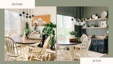 a dining room table with chairs and potted plants on the wall above it, before and after remodeling