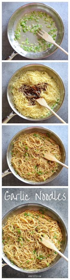 four pictures show how to make garlic noodles in one pan and then stir fry them in the other