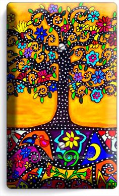 a painting of a tree with many different colors and designs on it's branches