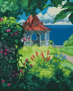 a painting of a gazebo surrounded by trees and flowers