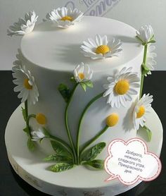 a white cake decorated with daisies and leaves