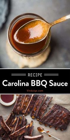 barbecue sauce in a glass jar with ribs on the side and spoon next to it