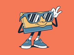 a cartoon character wearing sunglasses and holding up a wallet with both hands, on an orange background