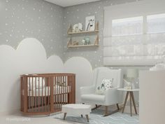 a baby's room with a crib and rocking chair