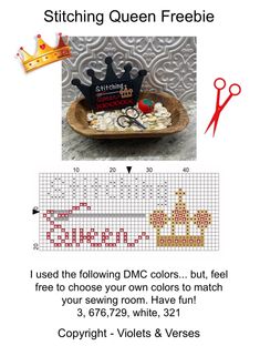 a cross stitch pattern with the words, crown and scissors on it that says sewing queen freebie