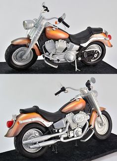 two pictures of a motorcycle with orange and silver paint on the front, side and back views