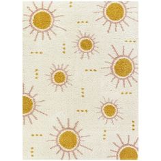 an area rug with yellow and white sun designs on it, in front of a white background