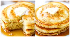 pancakes with butter on top and syrup drizzled over them