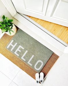 a door mat with the word hello written on it next to a potted plant