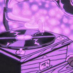 a record player sitting on top of a turntable in front of a purple background