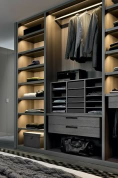 a walk in closet filled with lots of drawers and shelves next to a bed on top of a carpeted floor