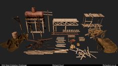 an assortment of wood and metal items on a black background