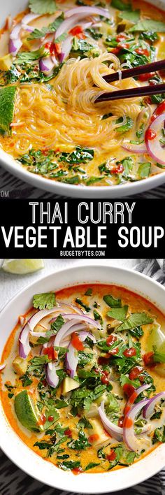 thai curry vegetable soup in a white bowl with chopsticks on the side, and an image of noodles