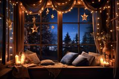 a window sill filled with lots of lights next to a window covered in stars