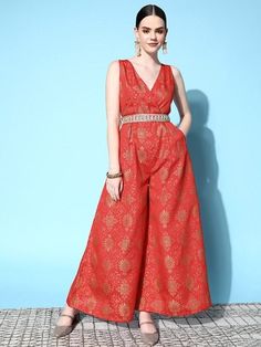 Women Brocade Jumpsuit With Embellished Belt VitansEthnics Brocade Jumpsuit, Floral Evening Dresses, Embellished Belt, Indo Western Dress, Western Dress