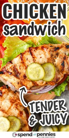 chicken sandwich with cucumbers and pickles on it is featured in this ad for spend the pennies