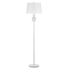 a white floor lamp with a white shade on the base and a light bulb at the end