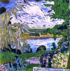 a painting of trees and flowers by the water with clouds in the sky above them