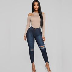 Skinny Jean, High Stretch, Distressed With Faux Front Pockets , Ripped Knees, Fray Hem. Material: 36% Cotton 40% Rayon 23% Polyester 1% Spandex Jeans Outfit Women, Body Suits, Lady Fashion, Jeans Fashion, Fashion Nova Jeans, Beach Bum, Womens Loungewear, High Waisted Denim, Rompers Women