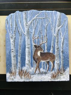 a painting of a deer in the woods