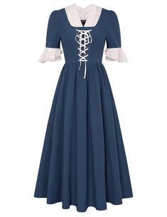 PRICES MAY VARY. Step back in time with our womens pioneer prairie dress, a perfect blend of style, history, and comfort. High-Quality Materials : 98%Cotton+2%Polyester. It is unlined. Made from pure cotton, our pioneer prairie dress ensures comfort and breathability while maintaining durability for long-lasting wear. We advise you to iron them before trying on our pioneer costume dress. Features : The pioneer dresses for adult women feature 2 pockets, V neck, one half sleeves with ruffles, invi Blue Prairie Dress, 1800s Party, 1800 Clothing, 1800 Dress, Pioneer Dresses, Halloween Picnic, Pioneer Party, Scarlet Darkness, Pioneer Costume