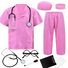 a pink nurse uniform with glasses, stethoscope and other medical supplies on a white background