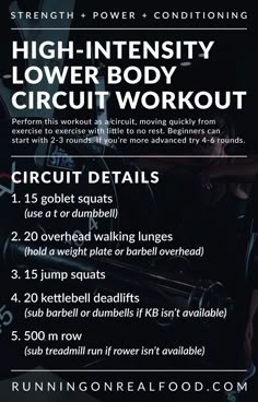 a poster with instructions on how to do the high intensity lower body circuit workout