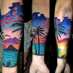 three different views of a man's arm with sunset and palm trees on it