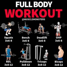 the full body workout poster shows how to do squats and deadlifts in 3 minutes