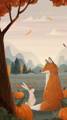 an illustration of a fox and rabbit sitting in the woods with pumpkins on the ground