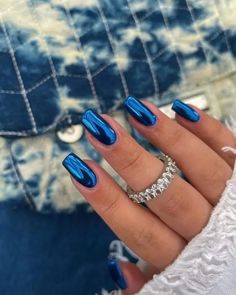 30+ Chic Chrome Nail Ideas - Navy Blue Chrome Acrylic Nails, Super Shiny Nails, Hand Painted Gel Nail Art, Blue Xmas Nails Short, Sparkly Nails Blue, Blue Chrome Nails Coffin, Max Verstappen Nails, Bright Blue Nails With Design, Classy Blue Nails