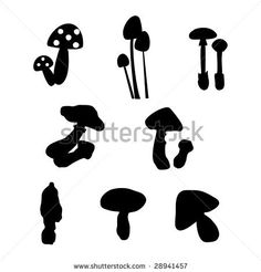 black and white silhouettes of mushrooms on a white background with clipping for each mushroom