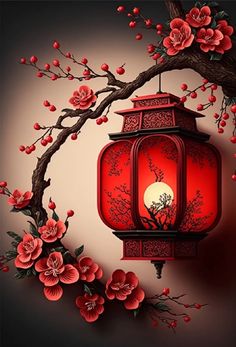 a red lantern hanging from a tree branch with flowers on it and the moon in the background