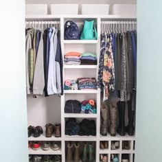 a white closet filled with lots of clothes and shoes