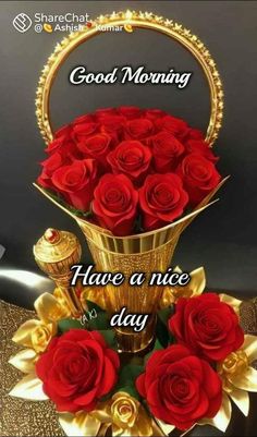 some red roses in a gold basket with the words good morning have a nice day