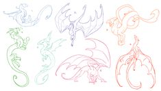 four different colored dragon designs on a white background