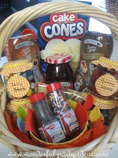 a basket filled with condiments and snacks