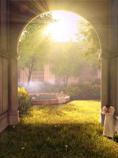 an archway leading into a lush green yard with flowers and trees on either side, as the sun shines brightly in the background