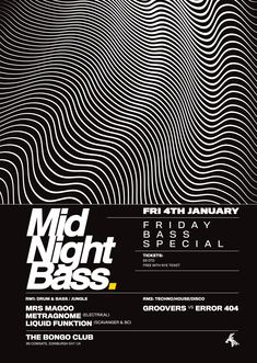 an event poster for the mid - night bass festival, with black and white lines