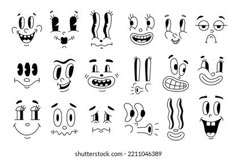 an assortment of cartoon faces drawn in black and white