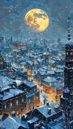 a painting of a snowy city at night with the moon in the sky above it