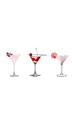 three martini glasses filled with different types of drinks and garnished with cherries